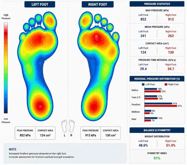 Pressure heatmap and statistics for left and right foot